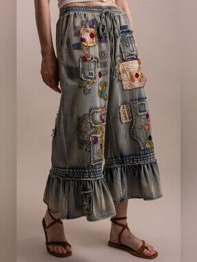 #1867 Blue Velvet Garden Gypsy Patchwork Ruffle Pants